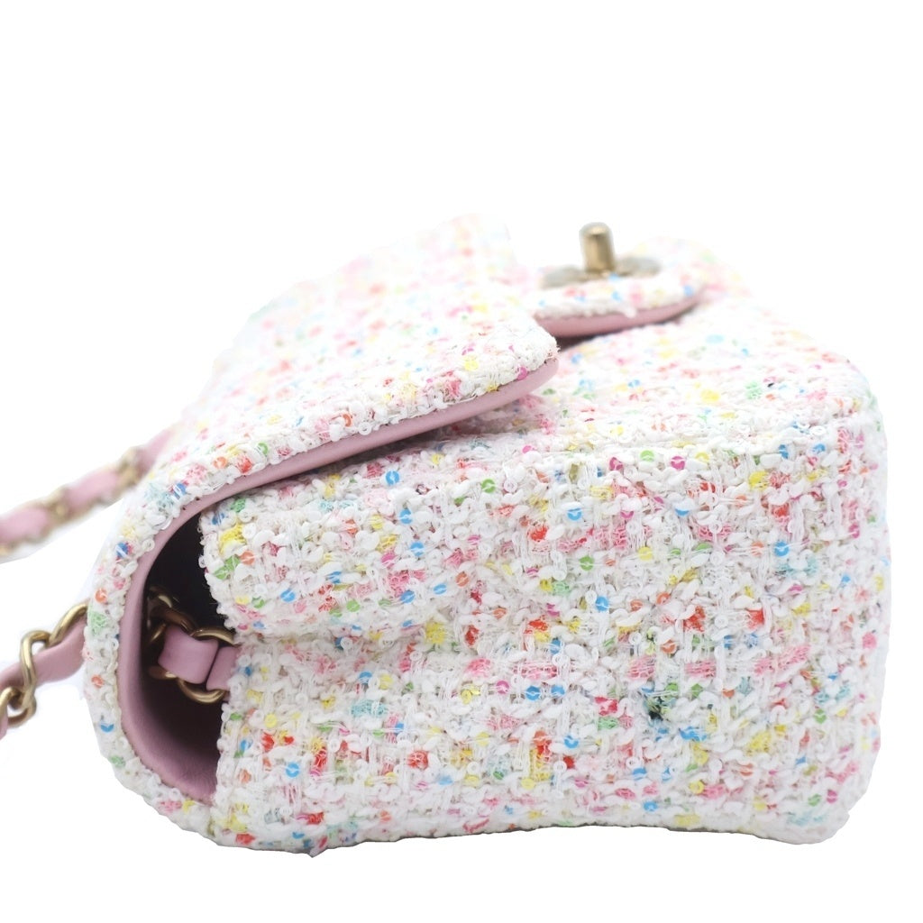 CHANEL(シャネル) ミニマトラッセ 20 ツイード スパンコール チェーンショルダーバッグ ゴールド金具 ホワイト/ピンク プレート レディース