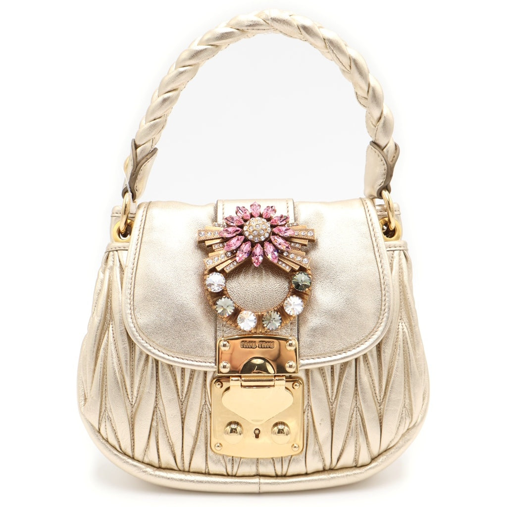 miumiu(ミュウミュウ) マテラッセ クリスタル 2WAYハンドバッグ ショルダーバッグ ミニバッグ ゴールド レザー 5BH111 ゴールド金具 レディース