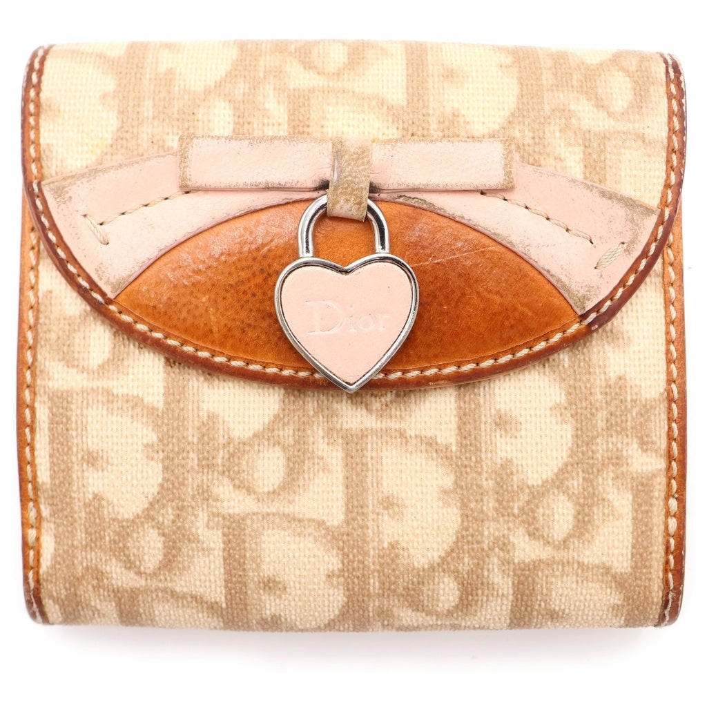 DIOR(ディオール) ガウチョ・コンパクトウォレット 二つ折り財布 コインケース ブラウン×ピンク キャンバス×レザー シルバー金具 レディース