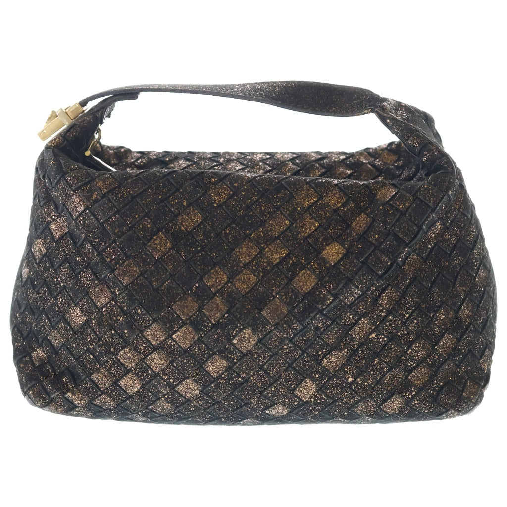 BOTTEGA VENETA(ボッテガヴェネタ) イントレチャート ラメハンドバッグ ポーチ ケース ブラック×ゴールド レザー ゴールド金具 レディース