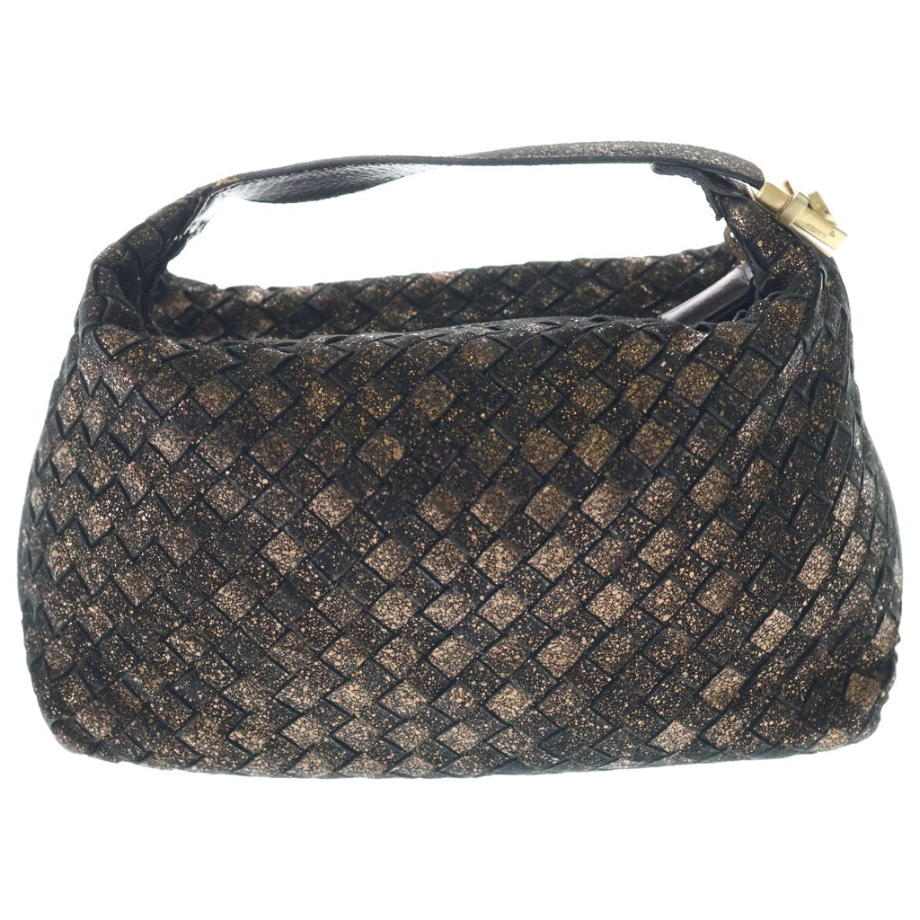 BOTTEGA VENETA(ボッテガヴェネタ) イントレチャート ラメハンドバッグ ポーチ ケース ブラック×ゴールド レザー ゴールド金具 レディース