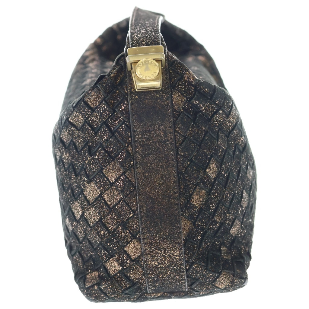 BOTTEGA VENETA(ボッテガヴェネタ) イントレチャート ラメハンドバッグ ポーチ ケース ブラック×ゴールド レザー ゴールド金具 レディース
