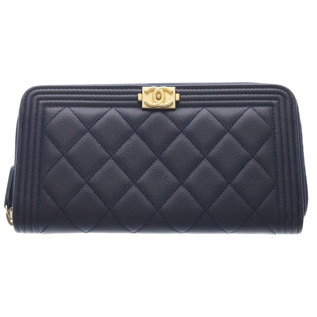 CHANEL(シャネル) ボーイシャネル キャビアスキン レザー ラウンドファスナー ロングウォレット 長財布 ゴールド金具 ネイビー 24番台 シール レディース
