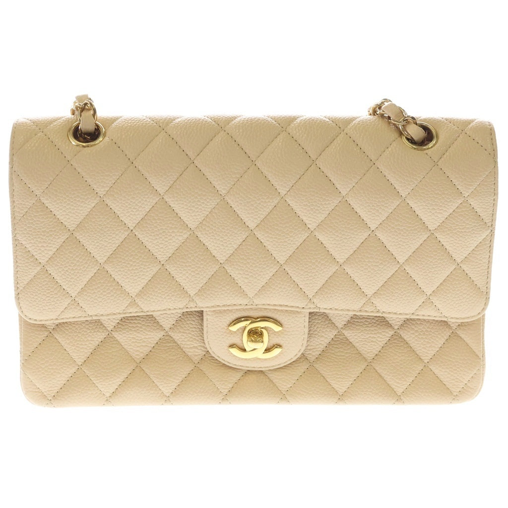 CHANEL(シャネル) マトラッセ 25 WフラップWチェーンショルダーバッグ ベージュ キャビアスキン ゴールド金具 レディース