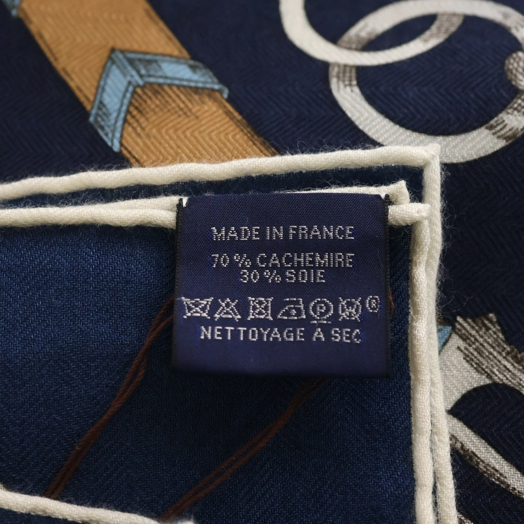 HERMES(エルメス) カレジェアン 140 CHEVAUX DE CHAINES シルク カシミヤ スカーフ ネイビー レディース