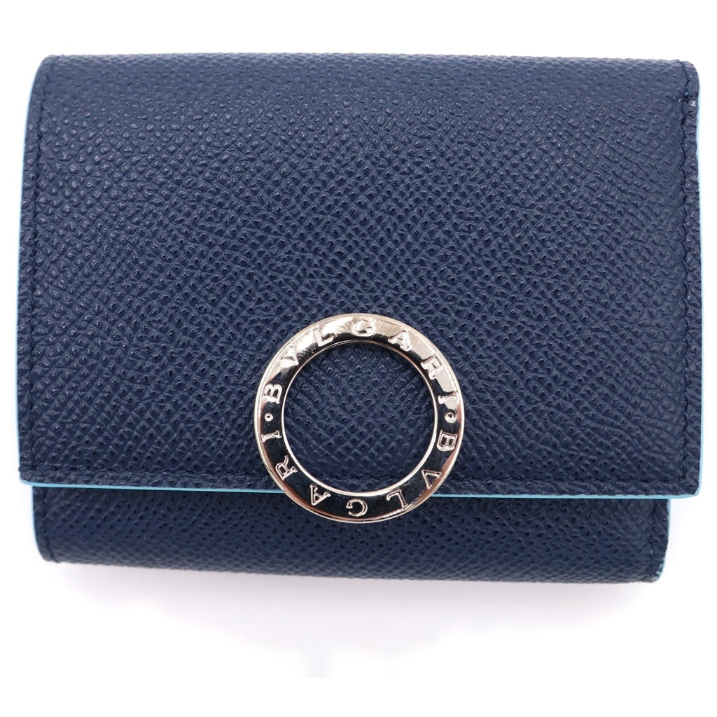BVLGARI(ブルガリ) ブルガリブルガリ クリップ 三つ折り財布 コンパクトウォレット コインケース ネイビー×ライトブルー レザー シルバー金具 レディース