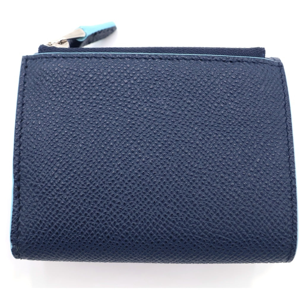BVLGARI(ブルガリ) ブルガリブルガリ クリップ 三つ折り財布 コンパクトウォレット コインケース ネイビー×ライトブルー レザー シルバー金具 レディース