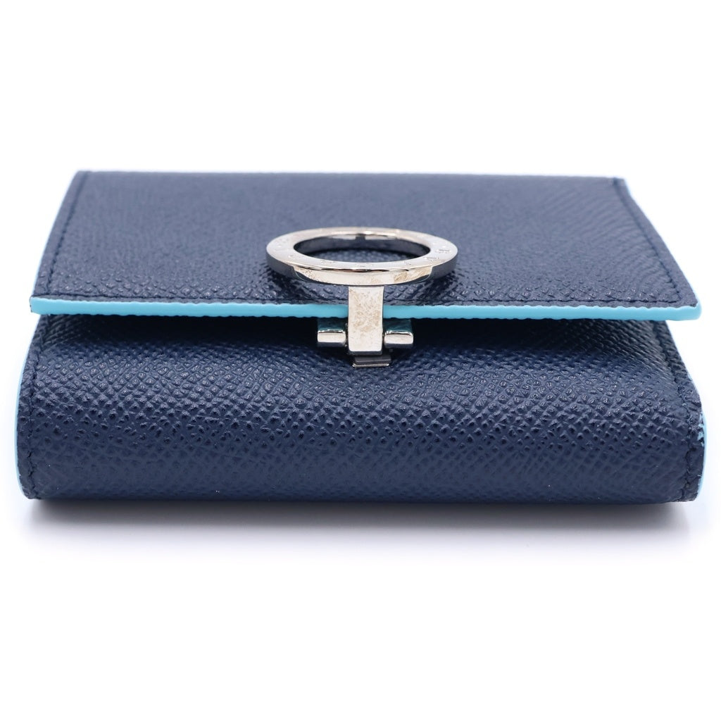 BVLGARI(ブルガリ) ブルガリブルガリ クリップ 三つ折り財布 コンパクトウォレット コインケース ネイビー×ライトブルー レザー シルバー金具 レディース