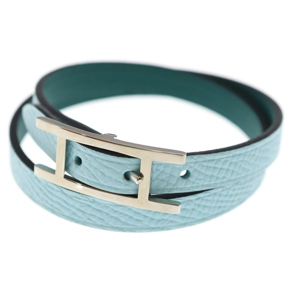 HERMES(エルメス) ビーアピ ドゥブルトゥール レザー 2連 ブレスレット シルバー金具 ライトブルー/グリーン レディース