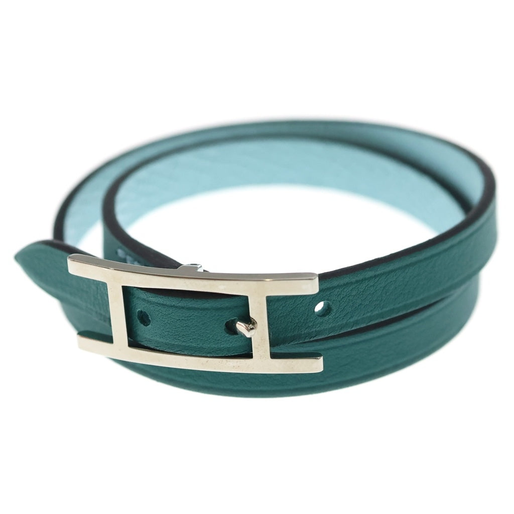 HERMES(エルメス) ビーアピ ドゥブルトゥール レザー 2連 ブレスレット シルバー金具 ライトブルー/グリーン レディース