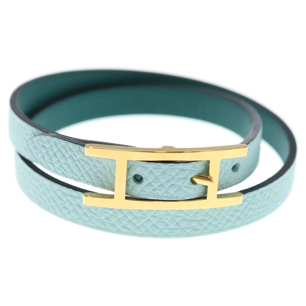 HERMES(エルメス) ビーアピ ドゥブルトゥール レザー 2連 ブレスレット ゴールド金具 ライトブルー/グリーン レディース