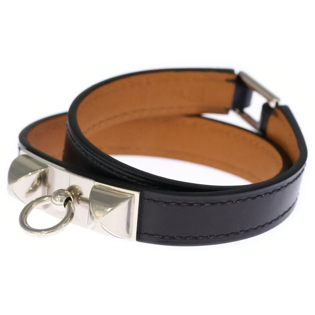 HERMES(エルメス) リヴァル ドゥブルトゥール レザー シルバー金具 スタッズ ブレスレット バングル □R刻印 ブラック/シルバー