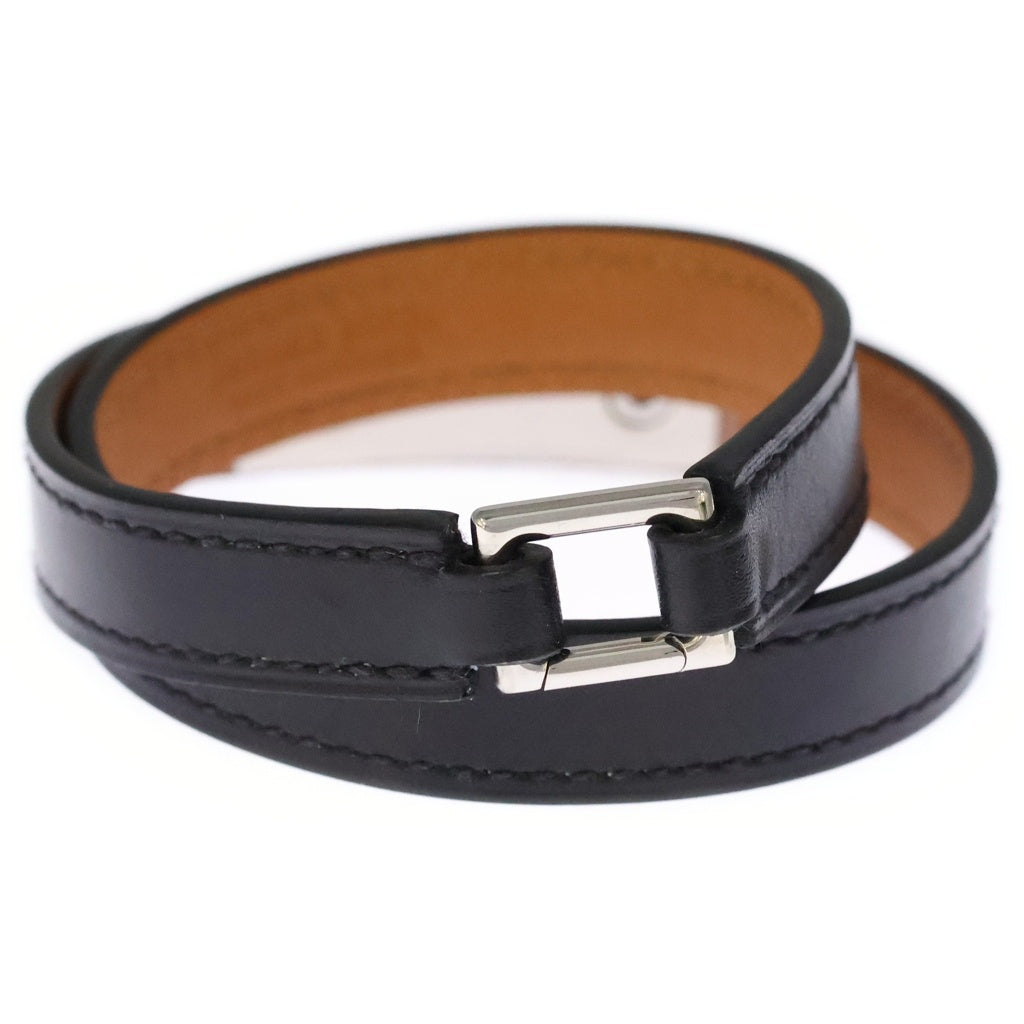 HERMES(エルメス) リヴァル ドゥブルトゥール レザー シルバー金具 スタッズ ブレスレット バングル □R刻印 ブラック/シルバー