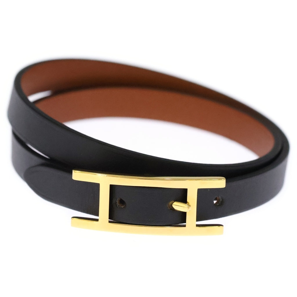 HERMES(エルメス) ビーアピ ドゥブルトゥール レザー ゴールド金具 ブレスレット バングル ベルト ブラック