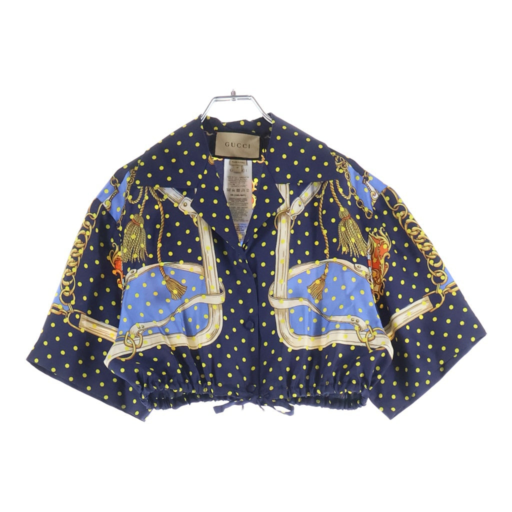 GUCCI(グッチ) ZANUR クロップド 半袖シャツ ボタンダウン シルク 総柄 ネイビー 744796 レディース