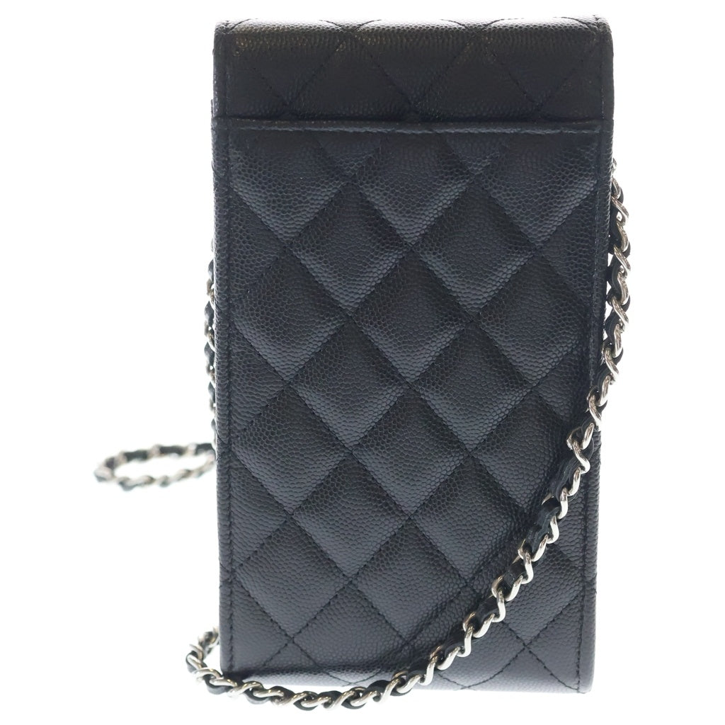 CHANEL(シャネル) マトラッセ チェーンショルダーフォンポーチ ブラック キャビアスキン ポシェット シルバー金具 AP2164 レディース