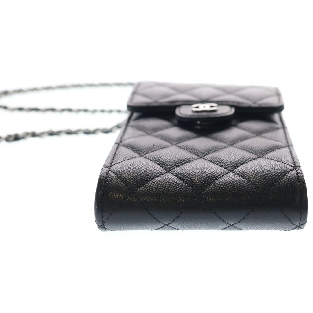 CHANEL(シャネル) マトラッセ チェーンショルダーフォンポーチ ブラック キャビアスキン ポシェット シルバー金具 AP2164 レディース