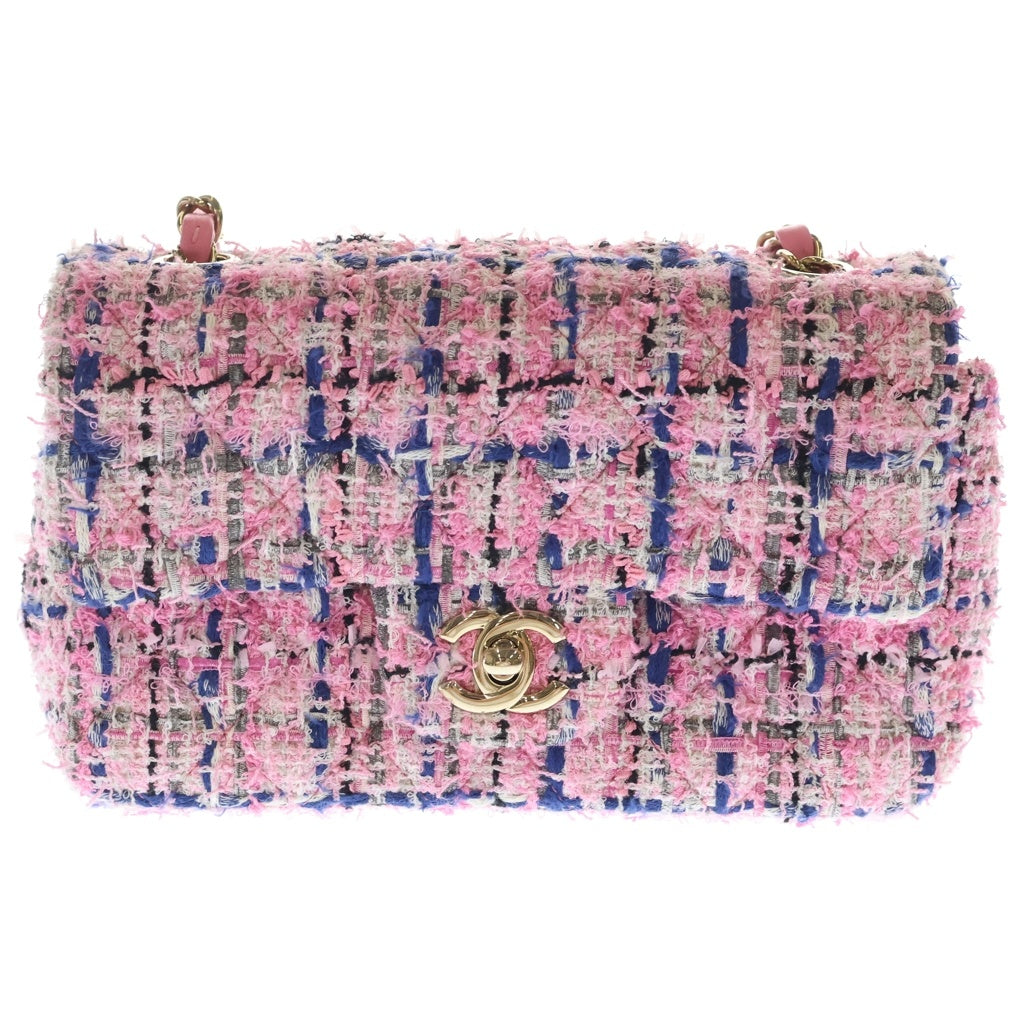 CHANEL(シャネル) ミニマトラッセ 20 シングルフラップ シングルチェーン ショルダーバッグ ピンク ツイード GD金具 レディース
