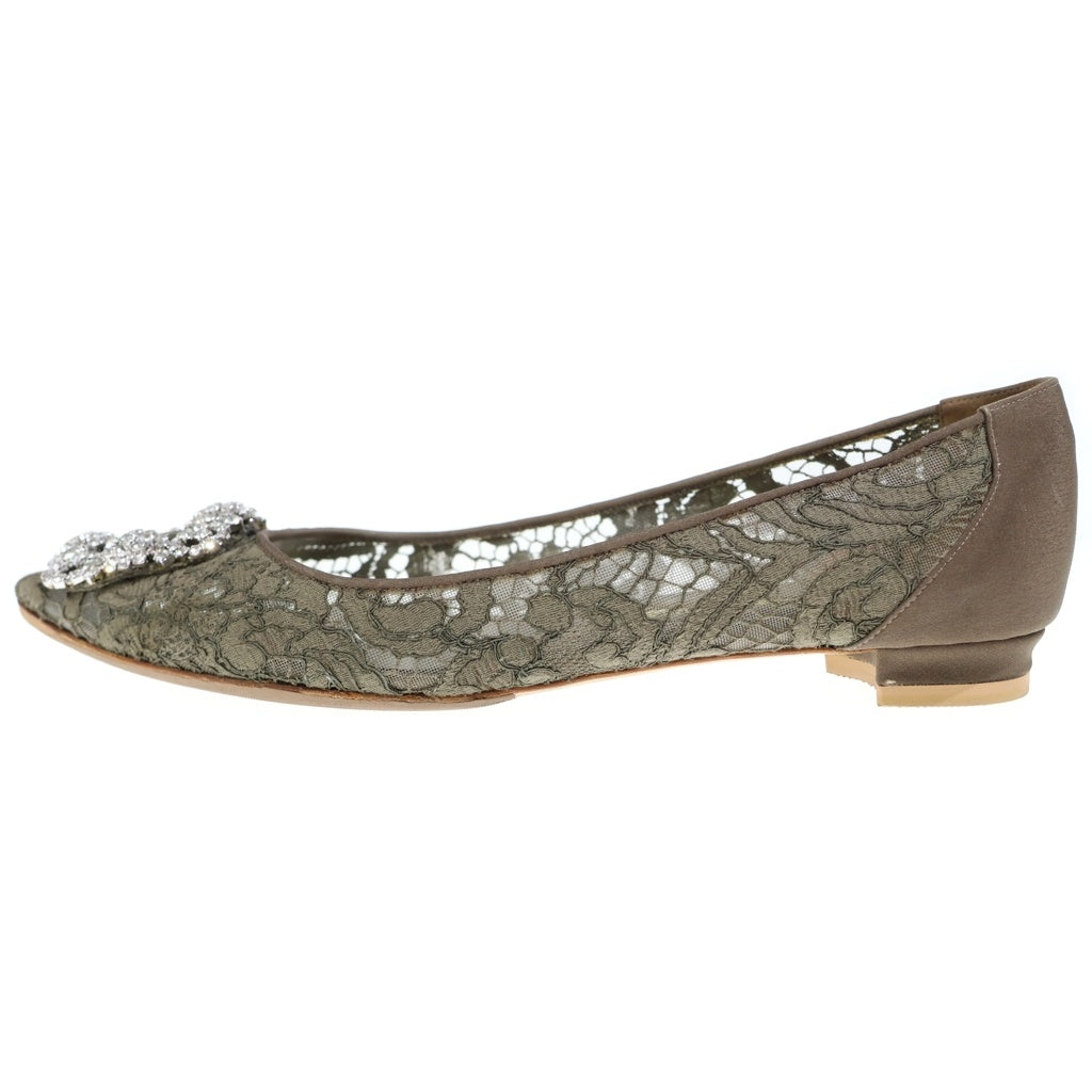 MANOLO BLAHNIK(マノロブラニク) ハンギシ レース ビジュー装飾バックル フラットシューズ パンプス カーキ レディース
