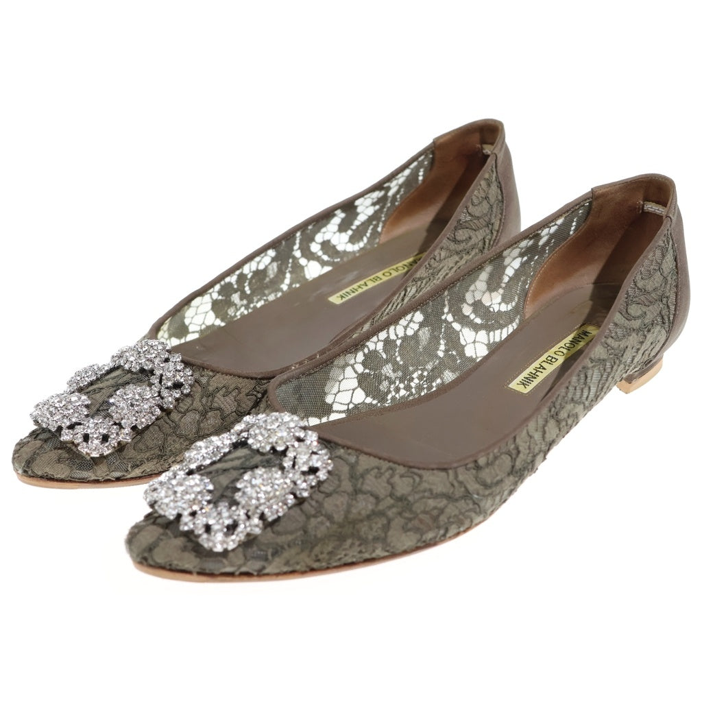 MANOLO BLAHNIK(マノロブラニク) ハンギシ レース ビジュー装飾バックル フラットシューズ パンプス カーキ レディース