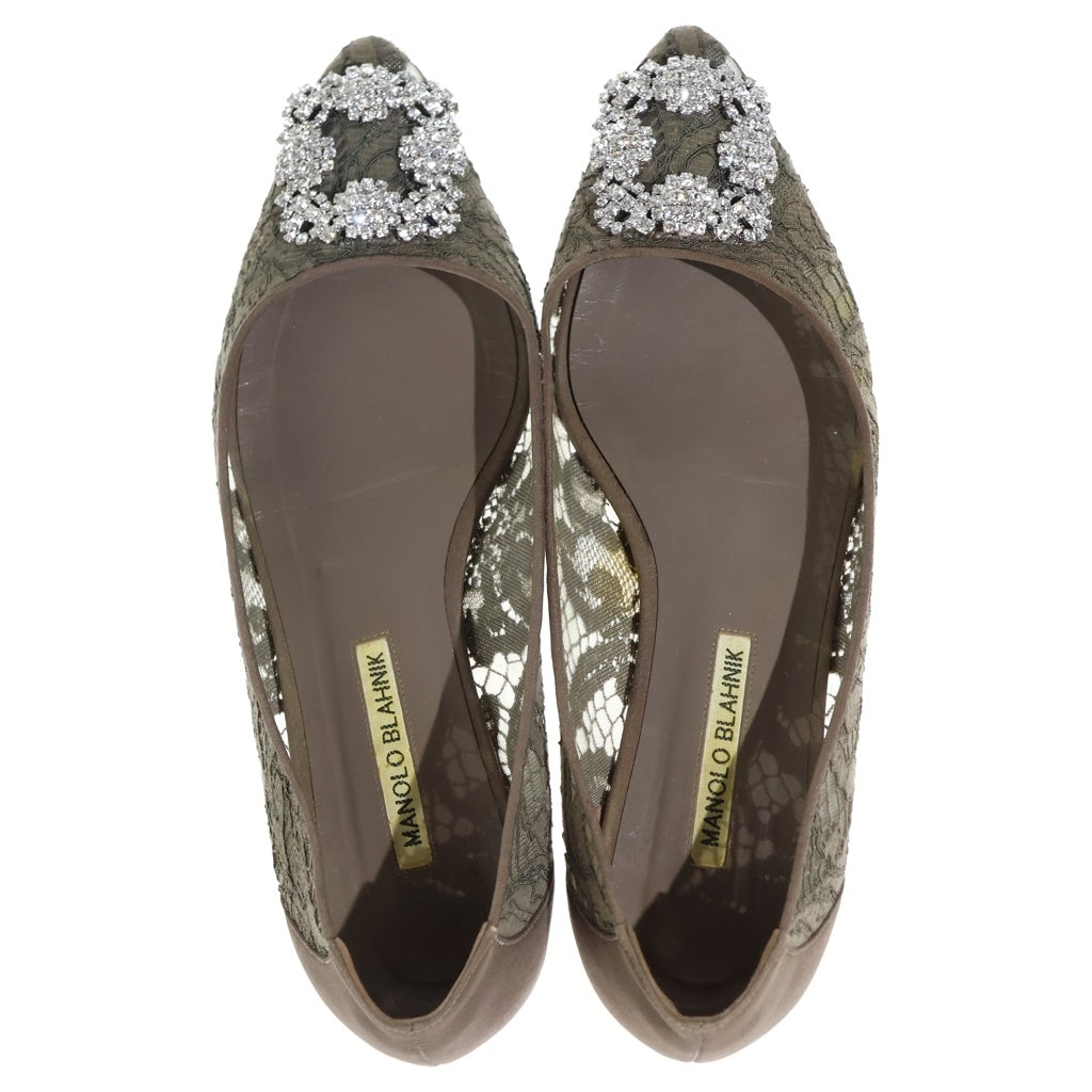 MANOLO BLAHNIK(マノロブラニク) ハンギシ レース ビジュー装飾バックル フラットシューズ パンプス カーキ レディース