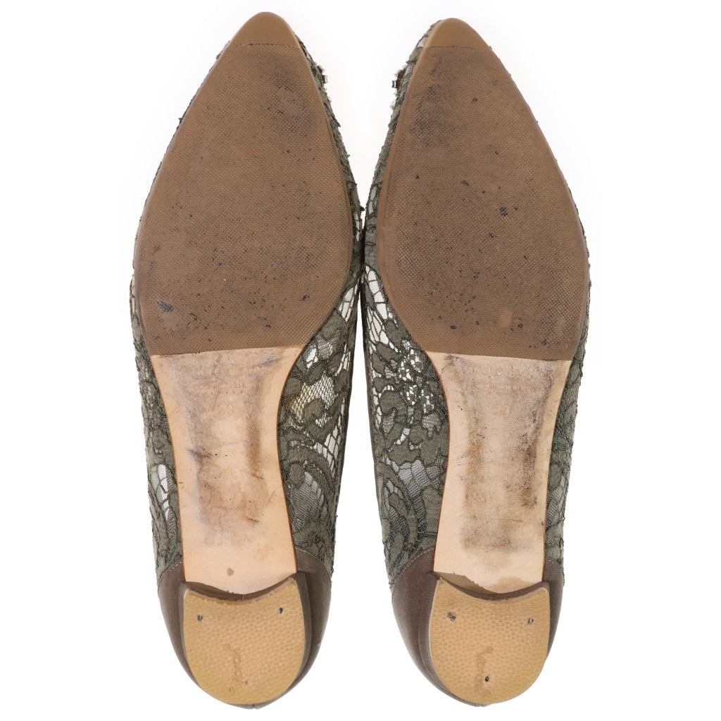 MANOLO BLAHNIK(マノロブラニク) ハンギシ レース ビジュー装飾バックル フラットシューズ パンプス カーキ レディース