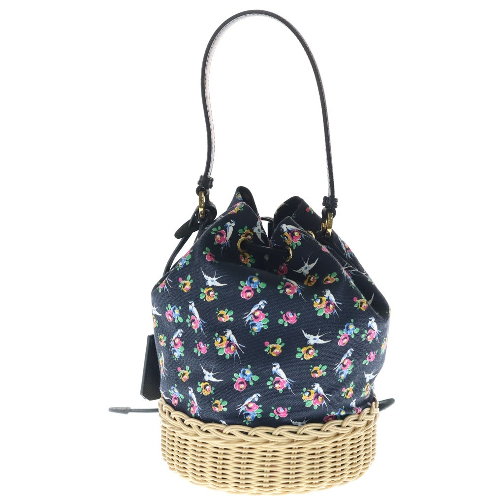 PRADA(プラダ) 2WAY かごバッグ ハンドバッグ ショルダーバッグ ブラック×ベージュ フラワープリント ウィッカー×キャンバス 1BE040 ゴールド金具 レディース