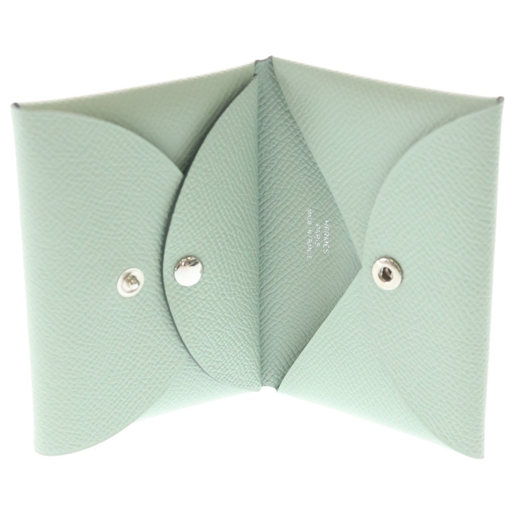 HERMES(エルメス) カルヴィ デュオ エプソン レザー コンパクトウォレット 二つ折り財布 シルバー金具 ライトグリーン G刻印 レディース