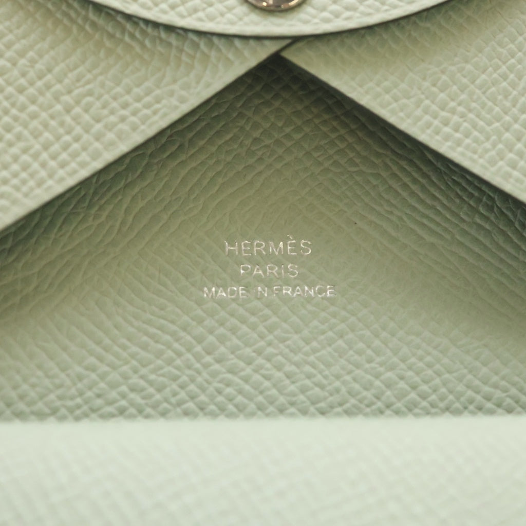 HERMES(エルメス) カルヴィ デュオ エプソン レザー コンパクトウォレット 二つ折り財布 シルバー金具 ライトグリーン G刻印 レディース
