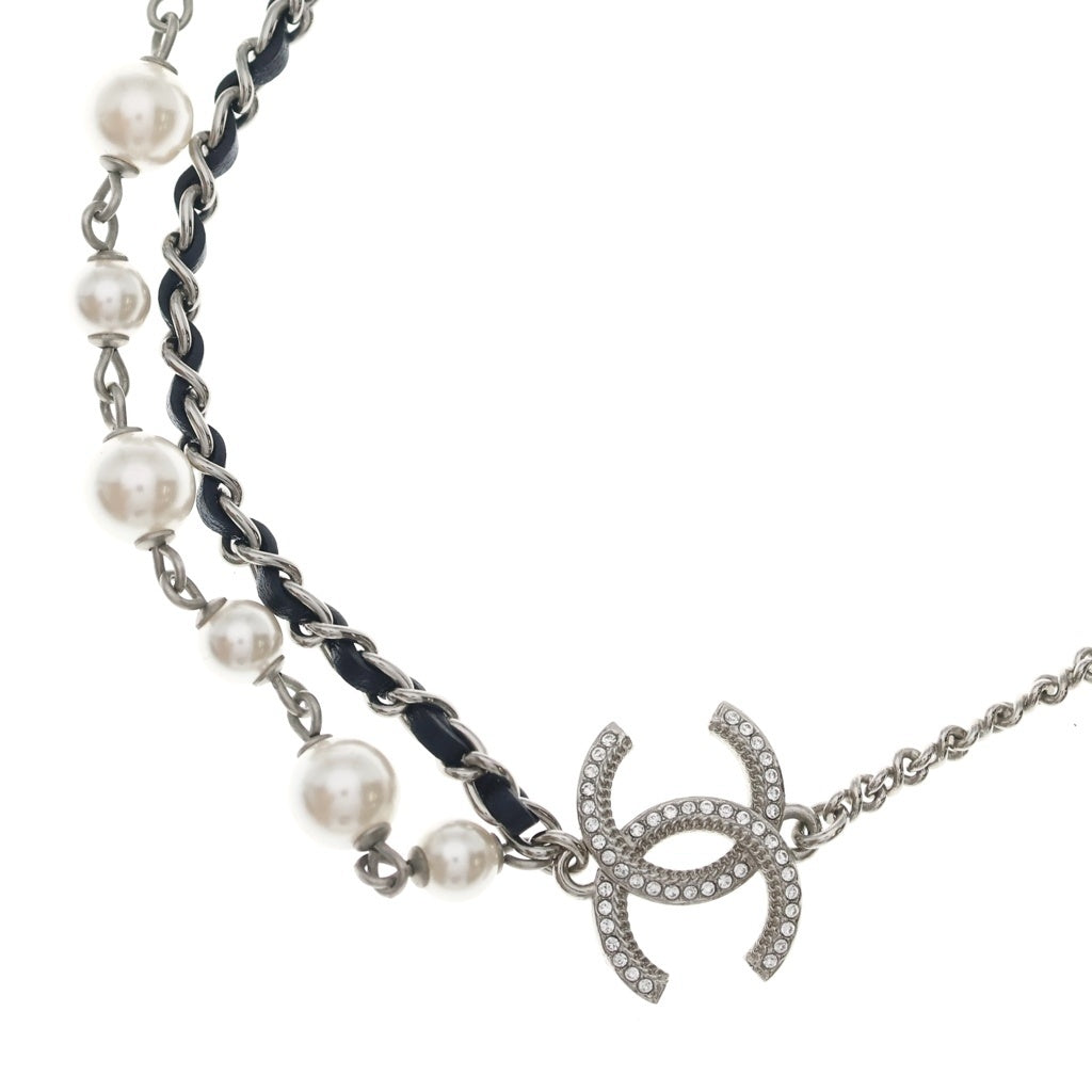 CHANEL(シャネル) ココマーク フェイクパール ラインストーン レザー チェーン ネックレス チョーカー B21B シルバー レディース