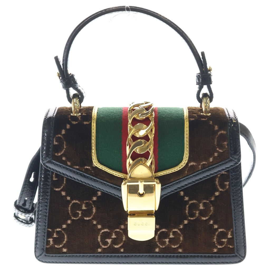 GUCCI(グッチ) シルヴィ GGベルベット ミニ レザー 2WAY ハンド ショルダー バッグ ゴールド金具 ブラウン/ブラック 470270 レディース