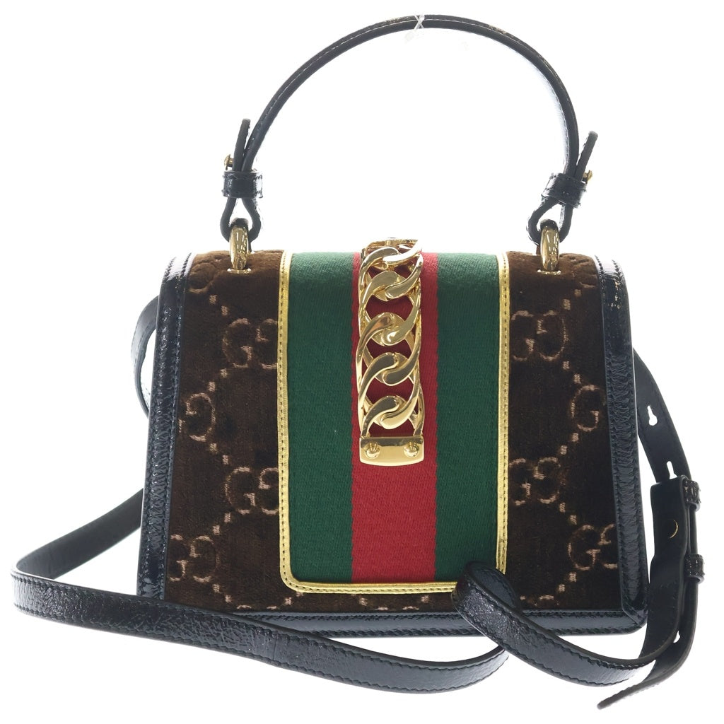 GUCCI(グッチ) シルヴィ GGベルベット ミニ レザー 2WAY ハンド ショルダー バッグ ゴールド金具 ブラウン/ブラック 470270 レディース