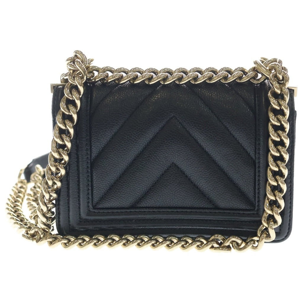 CHANEL(シャネル) ボーイシャネル ミニ シェブロン Vステッチ キャビアスキン ゴールド金具 チェーン ショルダーバッグ プレート ブラック レディース
