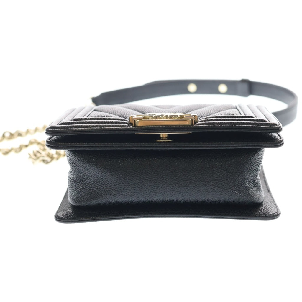 CHANEL(シャネル) ボーイシャネル ミニ シェブロン Vステッチ キャビアスキン ゴールド金具 チェーン ショルダーバッグ プレート ブラック レディース