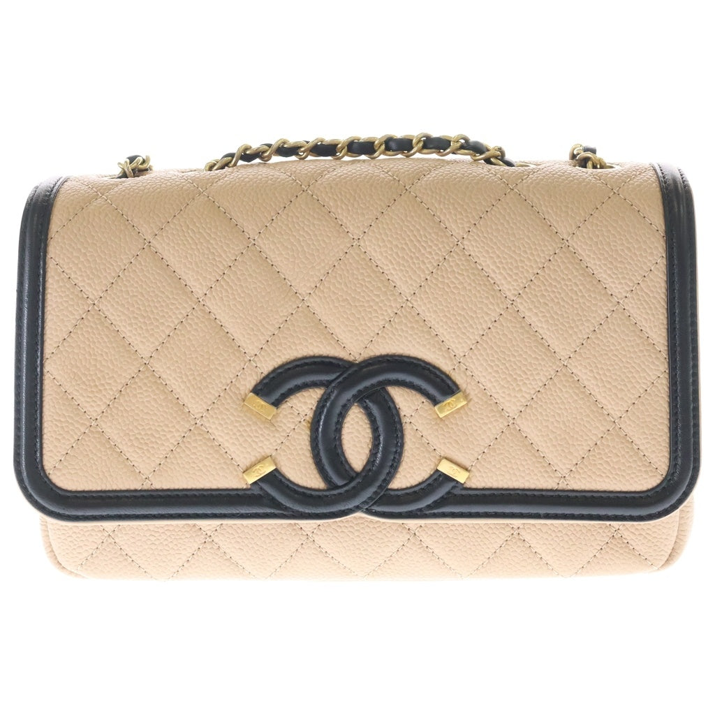 CHANEL(シャネル) CCフィグリー マトラッセ ココマーク チェーンショルダー ゴールド金具 キャビアスキン ベージュ/ブラック レディース