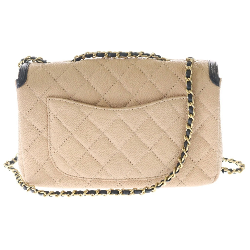 CHANEL(シャネル) CCフィグリー マトラッセ ココマーク チェーンショルダー ゴールド金具 キャビアスキン ベージュ/ブラック レディース