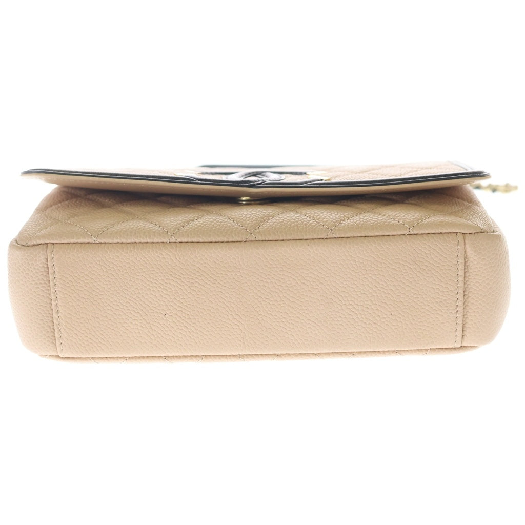 CHANEL(シャネル) CCフィグリー マトラッセ ココマーク チェーンショルダー ゴールド金具 キャビアスキン ベージュ/ブラック レディース