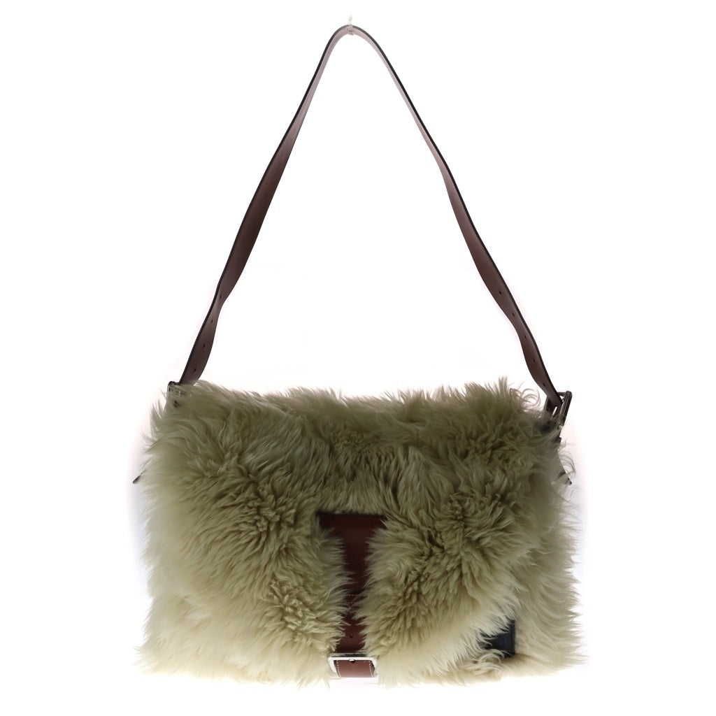 LOEWE(ロエベ) アナグラムロゴ レザーパッチ シアリング ファー ショルダーバッグ シルバー金具 ベージュ/ブラウン レディース