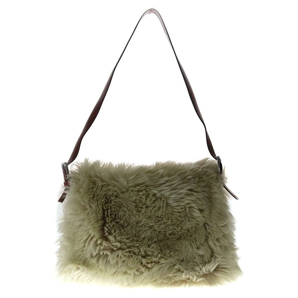 LOEWE(ロエベ) アナグラムロゴ レザーパッチ シアリング ファー ショルダーバッグ シルバー金具 ベージュ/ブラウン レディース