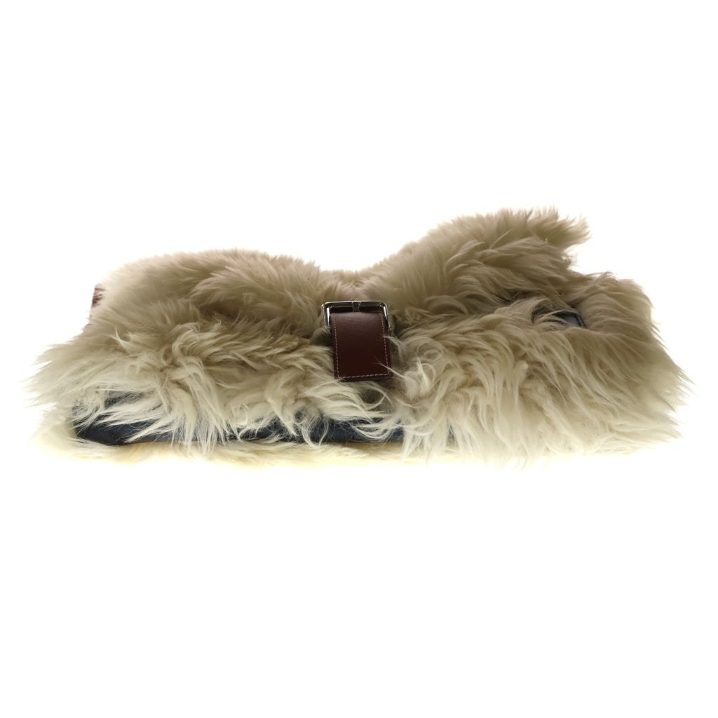 LOEWE(ロエベ) アナグラムロゴ レザーパッチ シアリング ファー ショルダーバッグ シルバー金具 ベージュ/ブラウン レディース