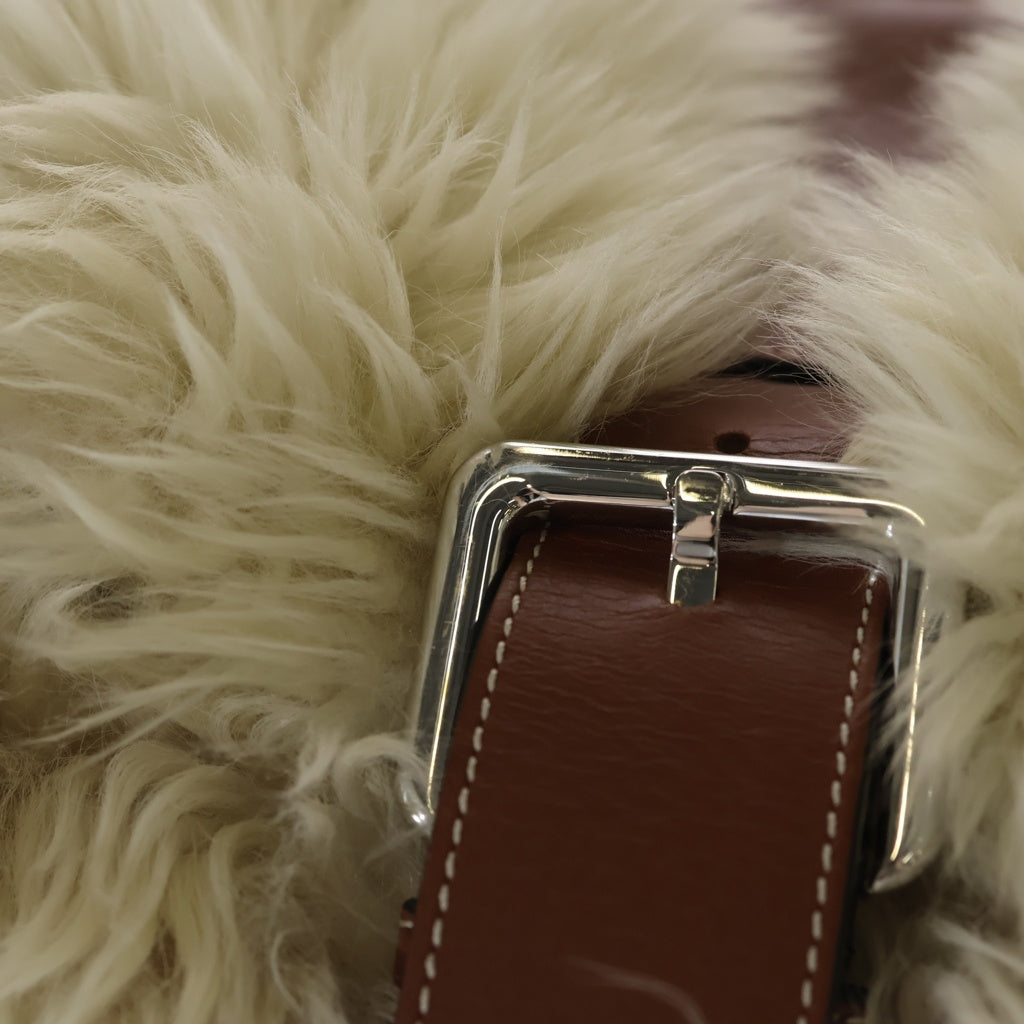LOEWE(ロエベ) アナグラムロゴ レザーパッチ シアリング ファー ショルダーバッグ シルバー金具 ベージュ/ブラウン レディース