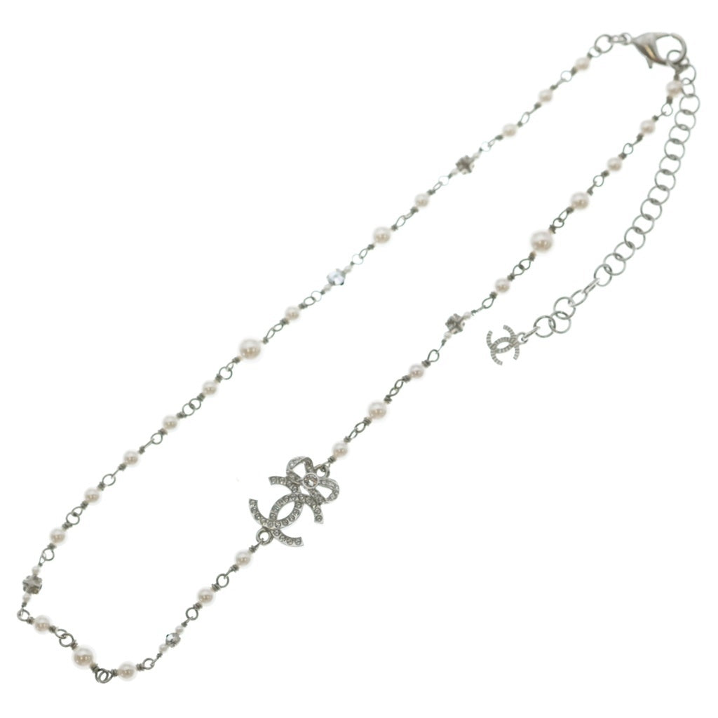 CHANEL(シャネル) ココマーク ネックレス パール ラインストーン リボン シルバー A24V レディース