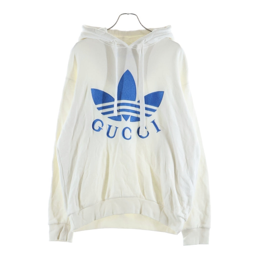 GUCCI(グッチ) ×アディダス トレフォイルエンブロイダリー コットン フーディー スウェット パーカー #S ホワイト/ブルー 702607 レディース
