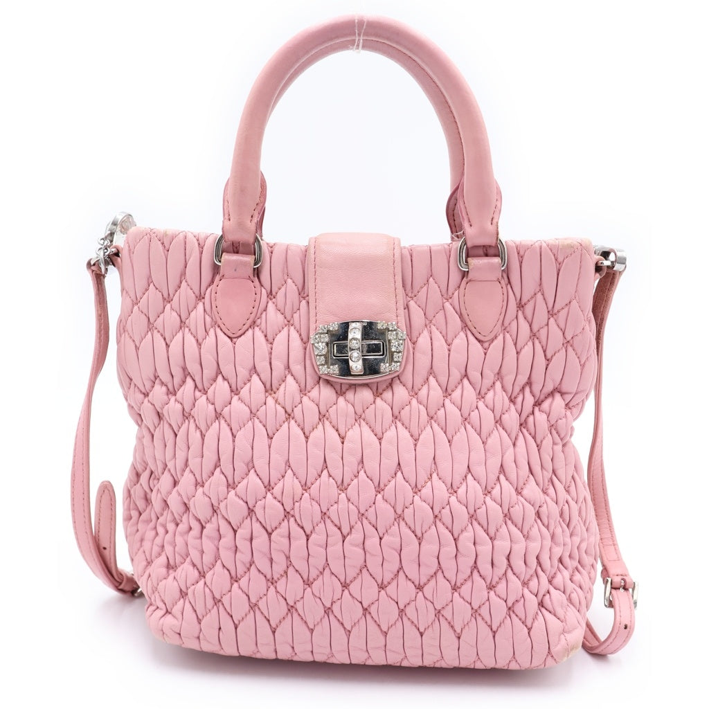miumiu(ミュウミュウ) マテラッセ ナッパ クリスタル 2WAYハンドバッグ ショルダーバッグ ピンク レザー シルバー金具 レディース