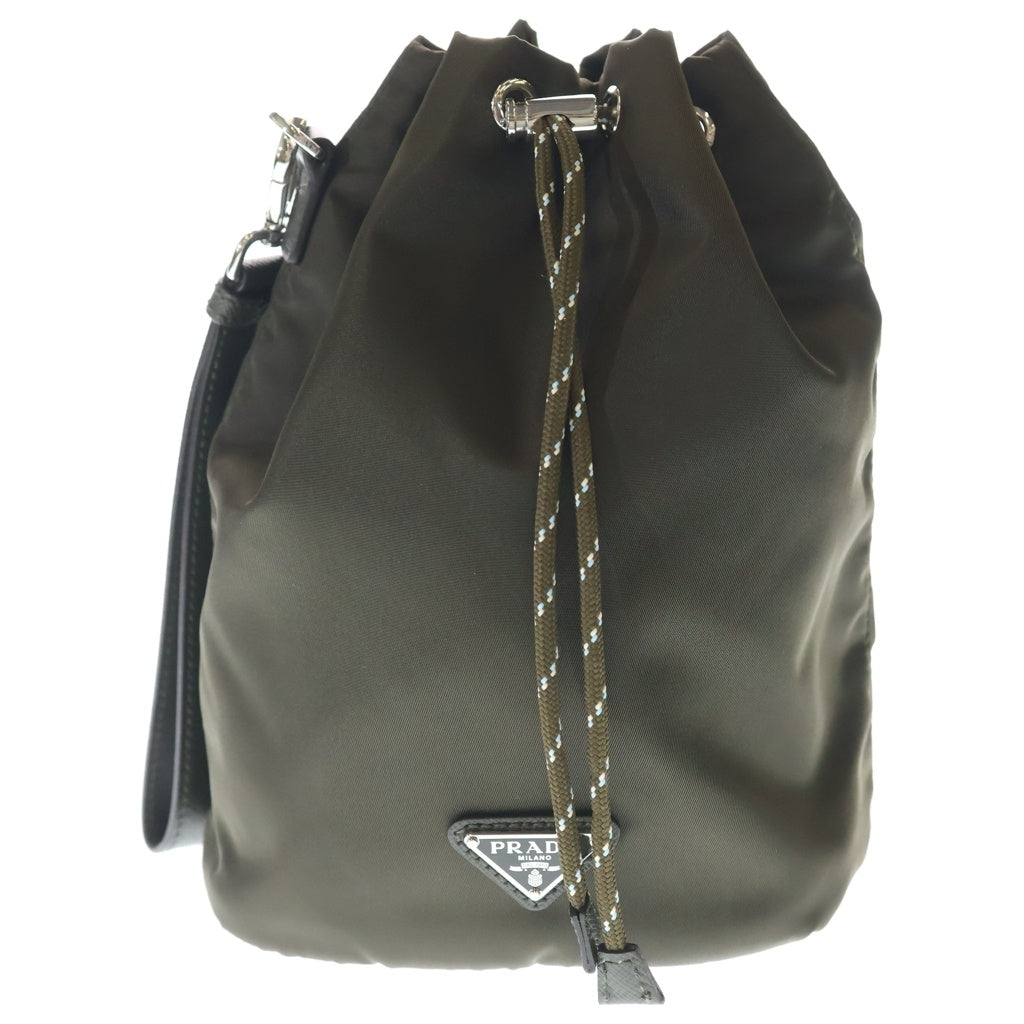 PRADA(プラダ) Re-Nylon スピードロック ポーチ 巾着バッグ×レザー カーキ シルバー金具 レディース
