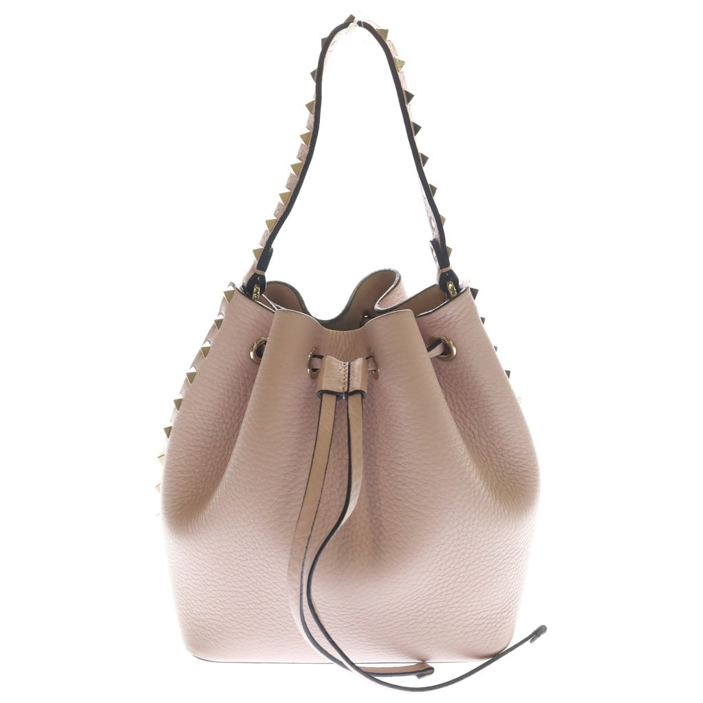 VALENTINO GARAVANI(ヴァレンチノガラヴァーニ) ロックスタッズ レザー ゴールド金具 2WAY バケットバッグ ショルダーバッグ ハンドバッグ 巾着バッグ ピンク系 レディース