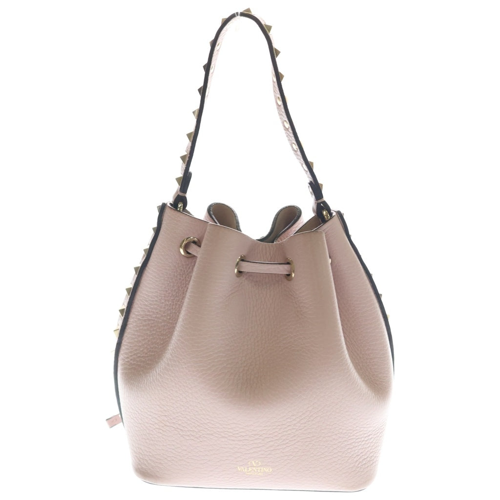 VALENTINO GARAVANI(ヴァレンチノガラヴァーニ) ロックスタッズ レザー ゴールド金具 2WAY バケットバッグ ショルダーバッグ ハンドバッグ 巾着バッグ ピンク系 レディース