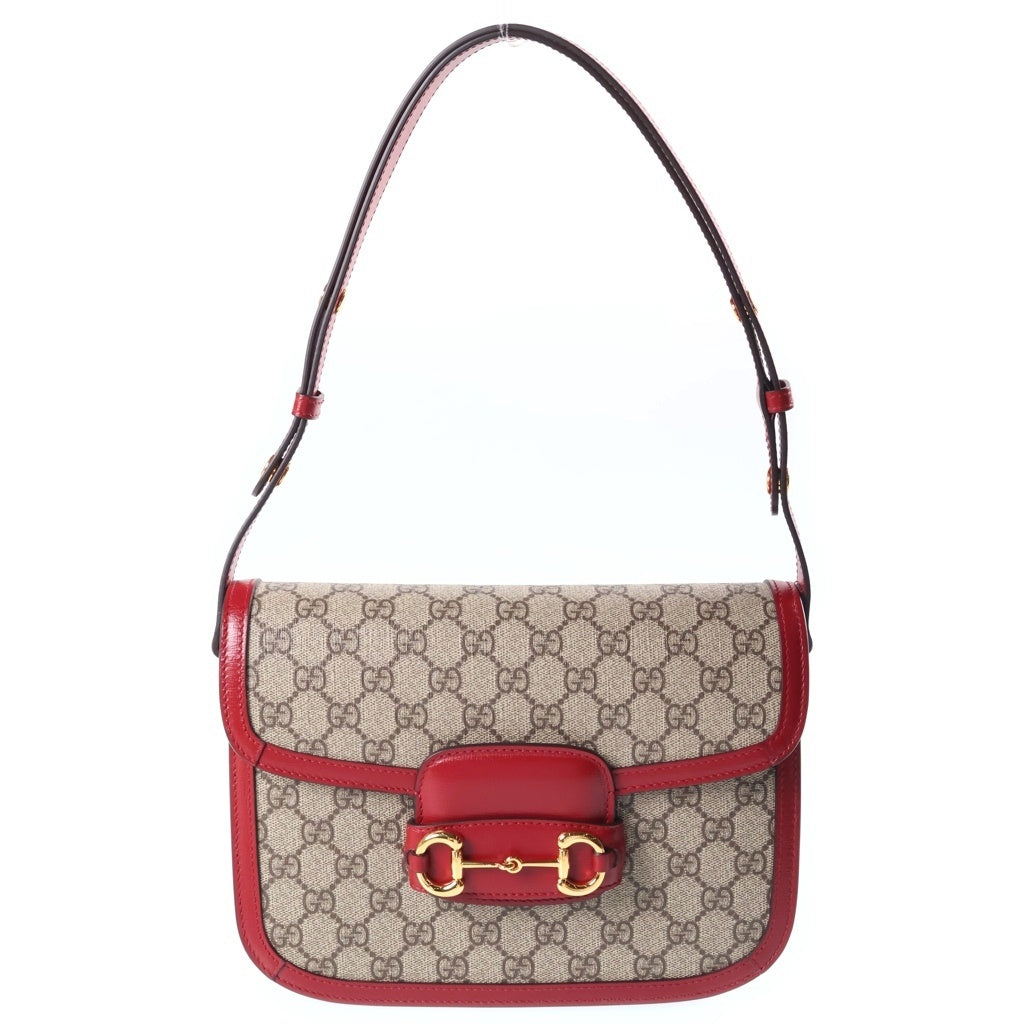 GUCCI(グッチ) ホースビット 1955 GGスプリーム PVC レザー ショルダーバッグ ゴールド金具 ベージュ/レッド 602204 レディース