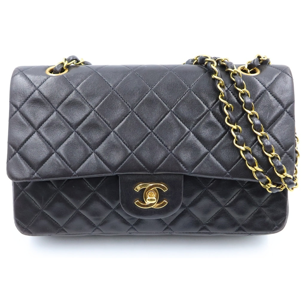 CHANEL(シャネル) マトラッセ25 WフラップWチェーンショルダーバッグ ラムスキン レザー ゴールド金具 ブラック 3番台 レディース
