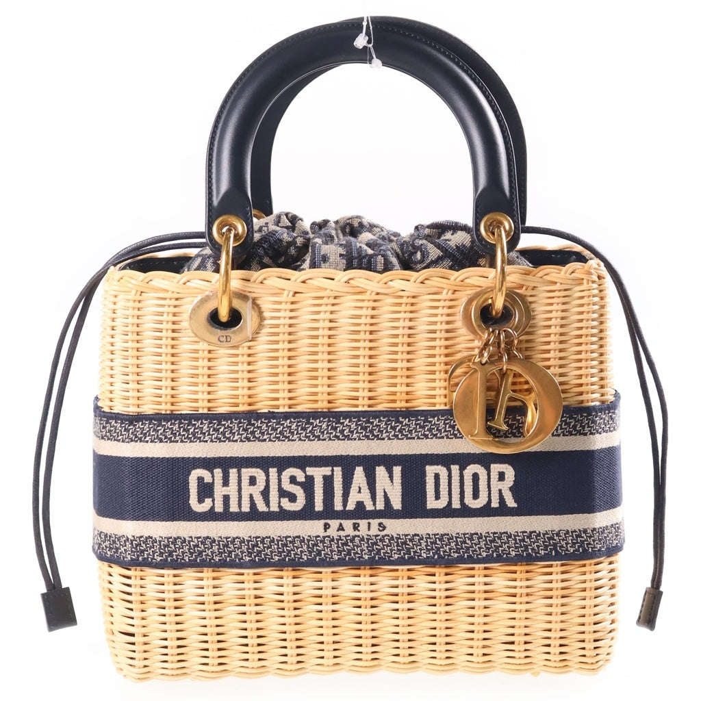 Christian Dior(クリスチャンディオール) Lady Dior レディディオール ミディアム ハンド ショルダーバッグ ラタン オブリーク ベージュ/ネイビー M0565CMVO_M808 レディース